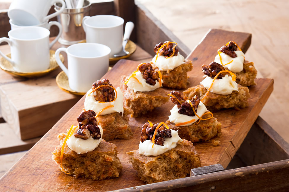 Carrot cake with lemon cream cheese frosting and candied walnut